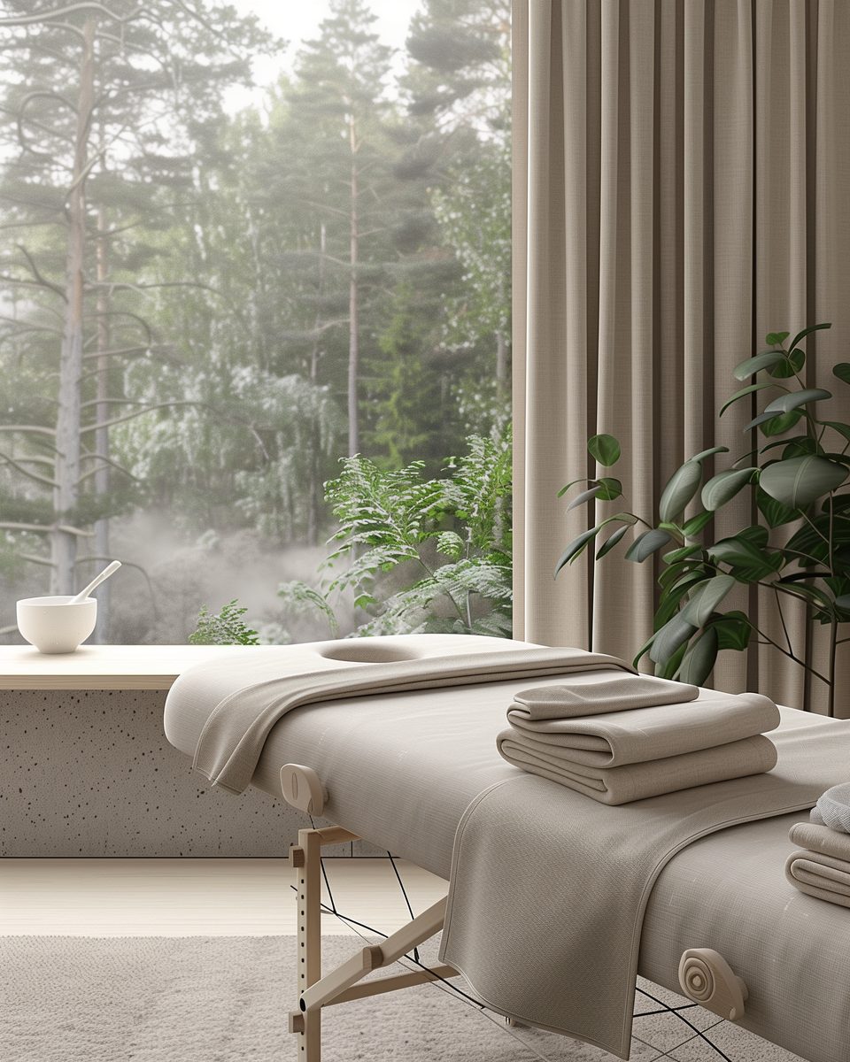 Table de massage dressée de draps de lin devant une grande fenêtre donnant sur la forêt des Laurentides, dans la lumière du matin