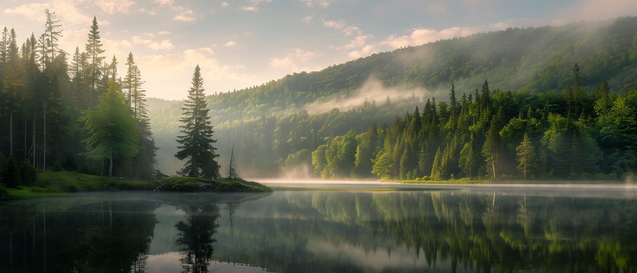 Les Laurentides au lever du jour — lac, sapins et brume dorée sur les montagnes